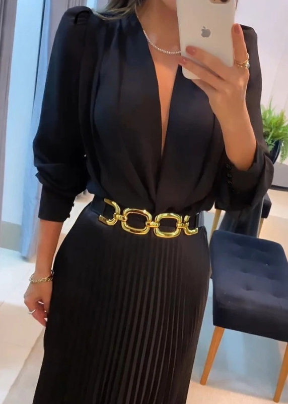 LYSAVIRA – PLEATED MIDI DRESS WITH BELT